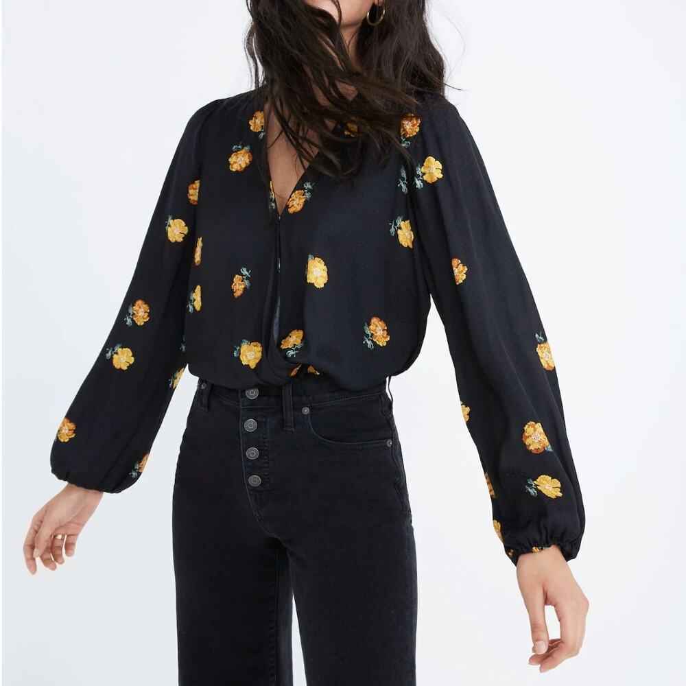 Madewell Black Bubble-Sleeve Wrap Top Floating Floret L